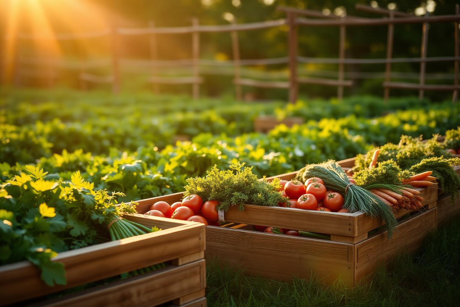 Wooden crates of fresh vegetables on a sunlit farm